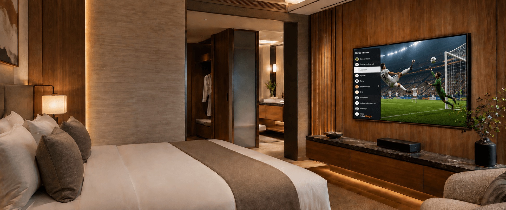Quarto de hotel contemporâneo com TV em destaque